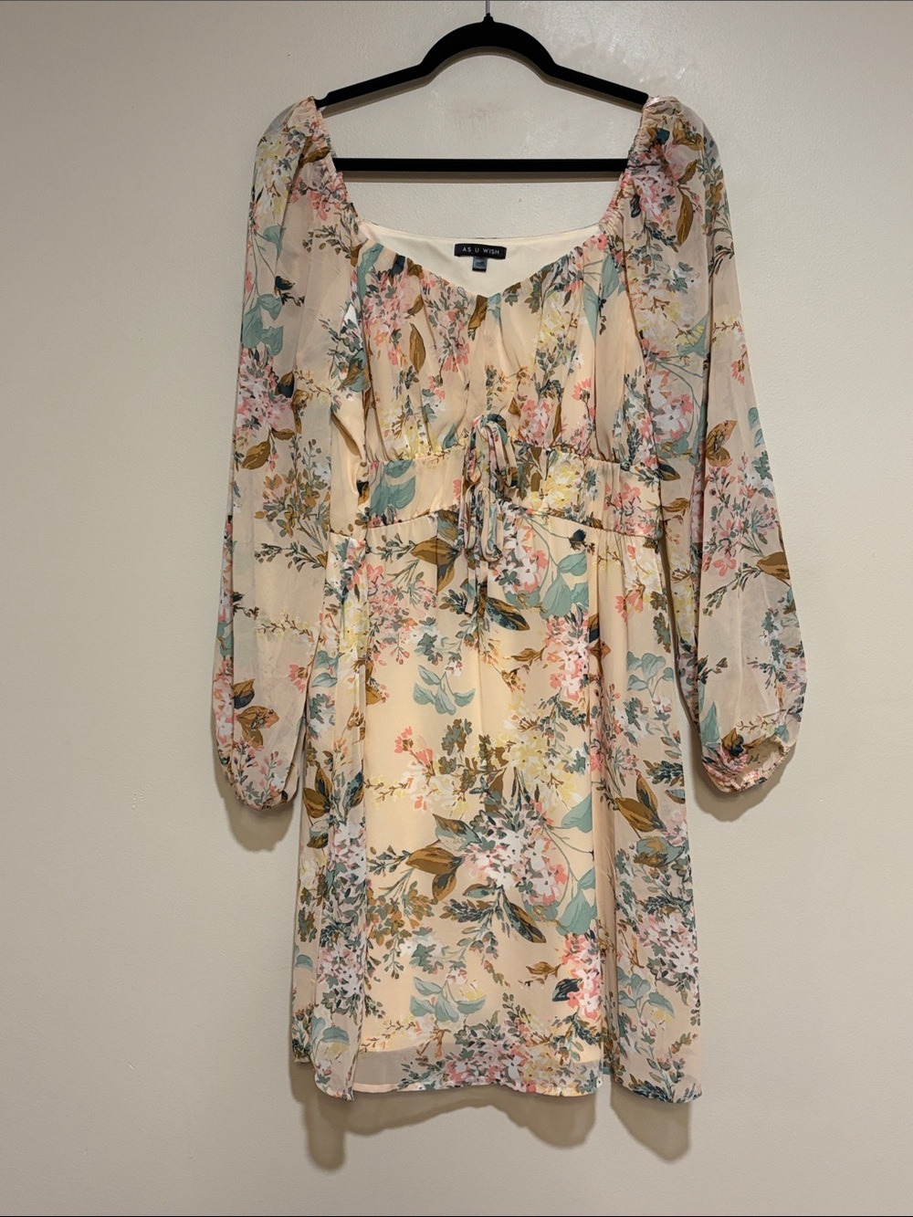 As U Wish | Floral semi sheer lined mini dress Women’s size L balloon sleeves
